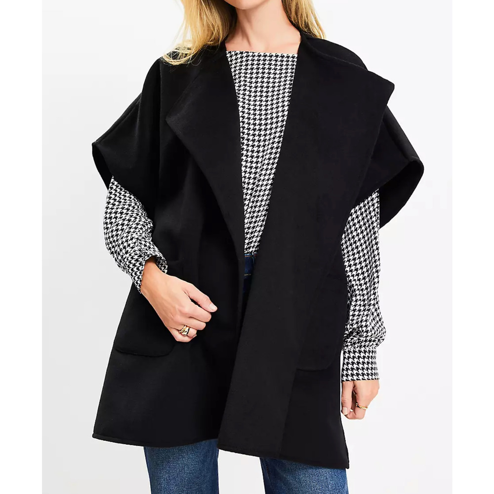 NEW ANN TAYLOR LOFT BLACK OVERSIZED WRAP PONCHO SWEATER SZ M/L